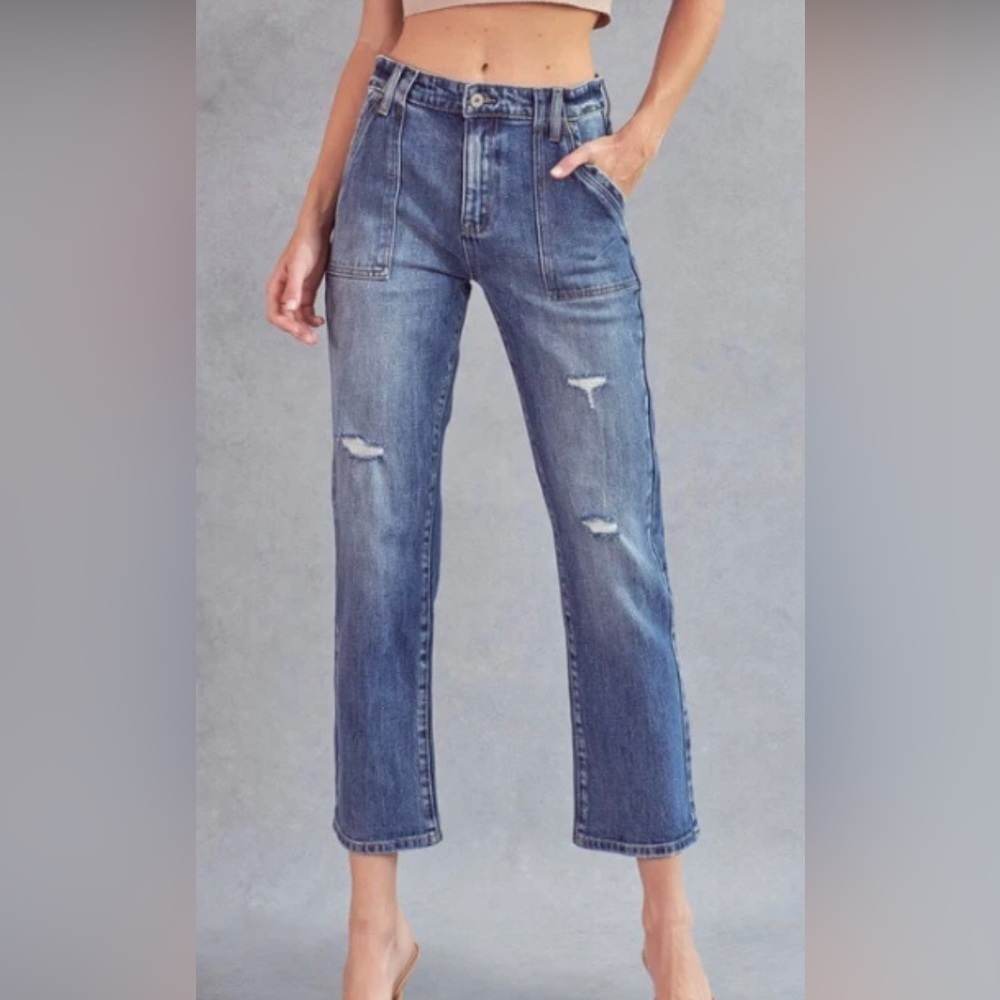 KANCAN Sz 13 High Rise Slim Patch Pockets Mid Wash  Distressed Straight Jeans